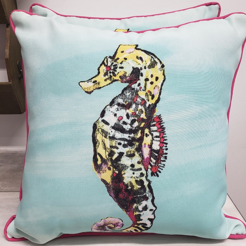 Allen + Roth Auqa Seahorse Patio Outdoor Pillows Beach House Decor
